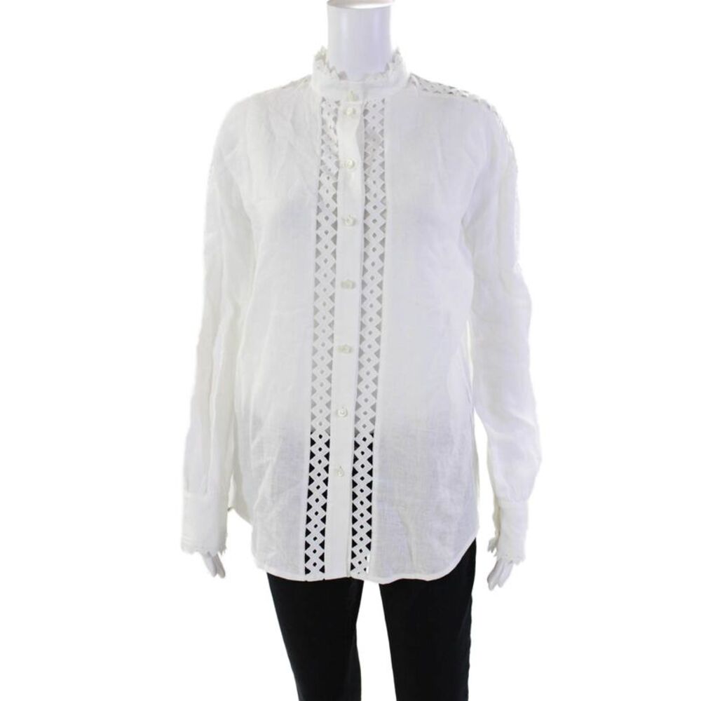 Socapri Womens Linen Cut Out Long Sleeve Button Front Blouse Top White Size 38